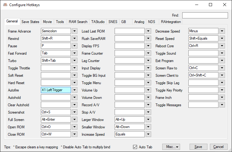 Autofire in BizHawk hotkey settings