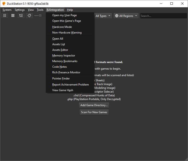 RAIntegration menu in DuckStation