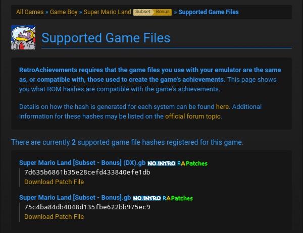 RetroAchievements hashes